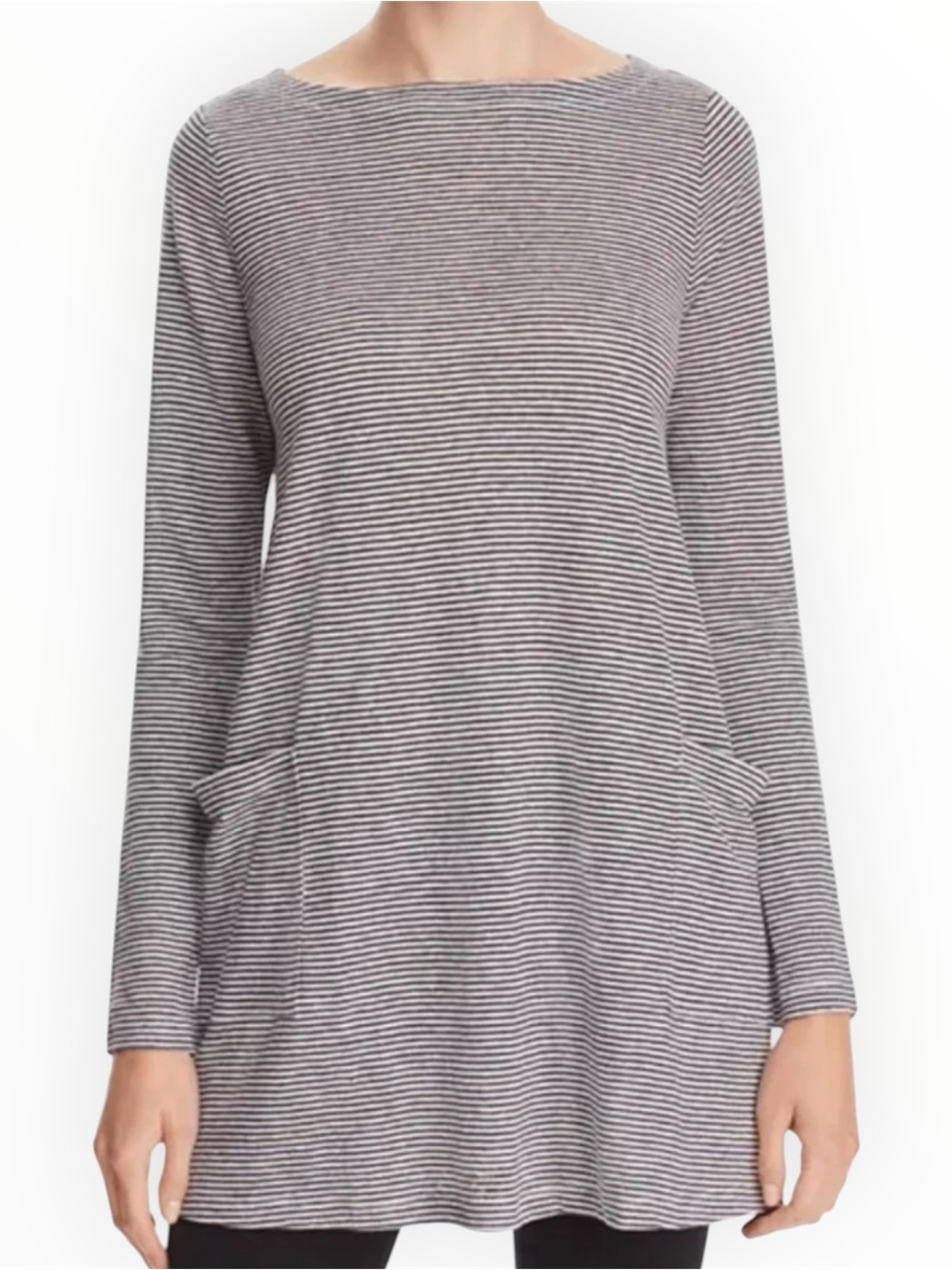 Eileen Fisher Striped Boatneck Linen Tunic Top Pockets Size Small Petite B/W